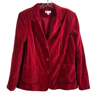 Denim & Co Womens Red Cotton Velvet Blazer Jacket Size L 3-Button Lined Pockets thumbnail 1