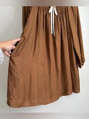 in february Sepia Brown Smocked Babydoll Knee-Length Dress Pockets NWT Size L thumbnail 3