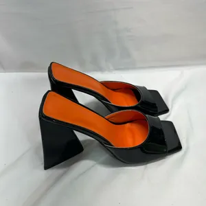 Elegant Black Patent Leather Heels Women 8.5 W/Triangle‎ Chunky Heel Slip On thumbnail 4