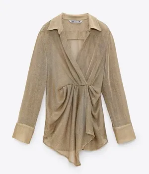 Zara NWT gold metallic knit ruched long sleeve blouse top semi sheer thumbnail 1