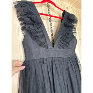 NWT Lulus Simply Delighted Black Mesh Ruffle Backless Maxi Dress Whimsigoth Sz L thumbnail 4