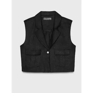 Zara Black Linen Cropped Sleeveless Collared Button Blazer Vest Size Small thumbnail 2
