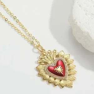 NEW Gold Plated Sacred Heart Rhinestone Sunburst Statement Necklace Valentine thumbnail 4