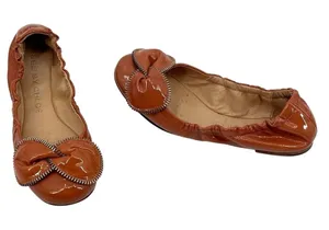 See by Chloe Patent Leather Bow Ballet Flats Sz 6.5 Old Money Euro Zipper Cognac thumbnail 1
