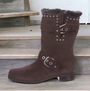 Stuart Weitzman Suede Studded Accent Moto Boots Mid Calf Size 7 Pre-Loved thumbnail 1