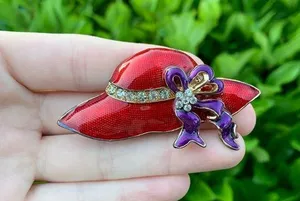 Red Hat Purple Ribbon Rhinestone Brooch Pendant Lapel Pin Red Hat Society thumbnail 1