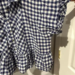 Anthropologie Maeve Linen Top Blue White Gingham Peplum Ruffle Oversized XL C thumbnail 4