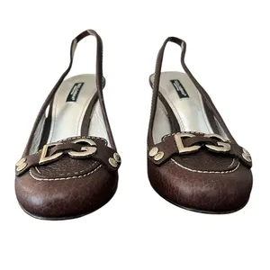 Dolce & Gabbana Women’s Vintage Y2K Brown Round Toe Silver Logo Pump Heels 38 thumbnail 5