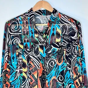 Chicos Womens Abstract 100% Silk Blouse Size 2/Large Multicolored Sheer Picasso thumbnail 4