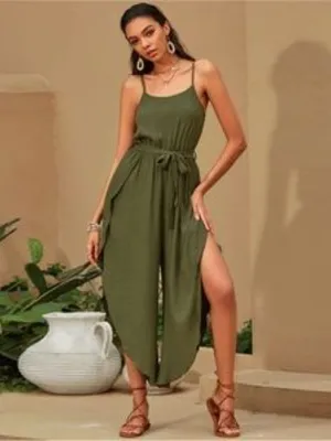 Olive Green High Slit Jumpsuit Spaghetti Strap Belted Wide Leg Boho Women M NWT thumbnail 2