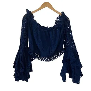 Misa Los Angeles Womens Off The Shoulder Eyelet Ruffle Cropped‎ Top Blue XL NWT thumbnail 2