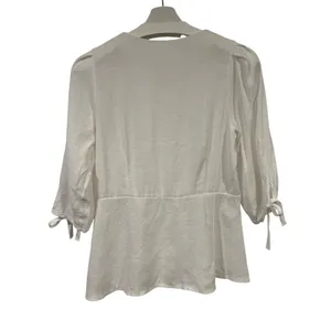 Women’s Minimalist CottageCore White Cotton Puff Sleeve Peplum Blouse M thumbnail 6