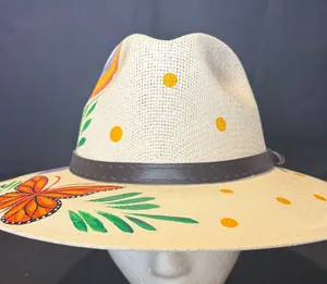 Hand-Painted Ivory Wide-Brim Hat with Orange Butterfly & Multicolor Hummingbird thumbnail 1