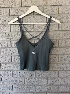 Vuori Rib Crop Tank Top In Stone Blue Star Embroidery Size Small thumbnail 5