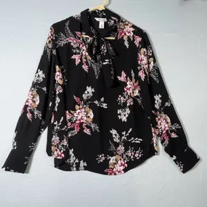 White Hose Black Market Size-L Women Blouse Black Floral Long‎ Sleeve thumbnail 4