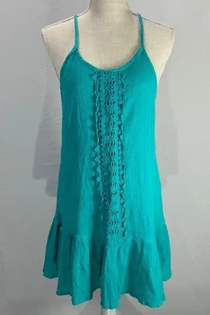 Teal Ruffled Embroidered Mini Sundress Size Large Jr thumbnail 1
