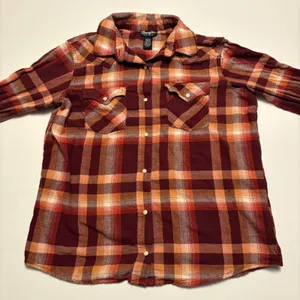 Wrangler Retro Plaid Western Shirt Women Medium Burgundy Orange Pearl Snap thumbnail 1