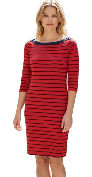 Tommy Hilfiger Boatneck Striped Red Denim Stretch Knit Dress Xs thumbnail 1