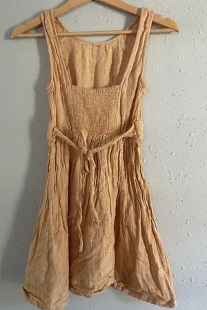 🦋Linen Blend Yellow Tan Sleeveless Mini Dress Casual Summer Neutral XS thumbnail 1
