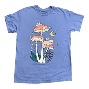 Medium purple, graphic T-shirt, with mushrooms, cats. thumbnail 1