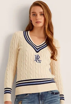 Lauren Ralph Lauren Logo Cricket Sweater S Cream Cable Knit Cotton LRL Preppy thumbnail 1