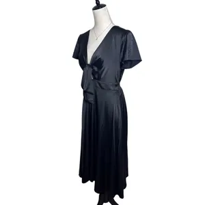 Baltic Born Poppy Satin Midi Dress Black Short Sleeve Tie Front‎ V-Neck Medium thumbnail 5