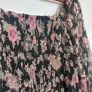 LC Lauren Conrad Black Pink Floral Cottage Romantic Smocked Bodice Midi Dress thumbnail 6
