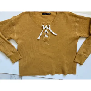 Abercrombie & Fitch XS Mustard Yellow Waffle Knit Lace‎ Up Thermal Top Henley thumbnail 10