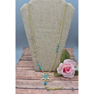 Gold Tone Multi Chain Long Pendant Necklace Tassel Accent Rhinestones 32" thumbnail 4