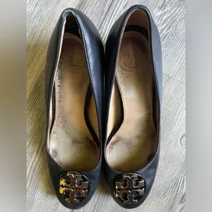 Tory Burch Black Leather Flats with Gold Logo thumbnail 10
