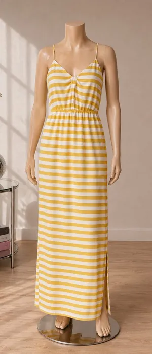 J.Crew 100% Silk Yellow White Striped Maxi Dress Side Slits thumbnail 1