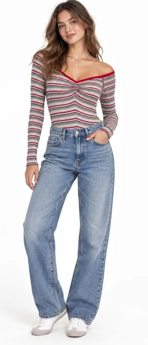 Free People Striped Ribbed Off Shoulder Bodysuit Womens XS Sweetheart Neckline thumbnail 1