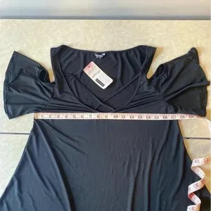 Stretchy Black Cold Shoulder Criss Cross V-Neck Mini‎ Swing Dress NWT thumbnail 7
