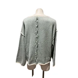 Womens Sweater Size M Sage Green Textured Knit Boat Neck Fringe Long thumbnail 8