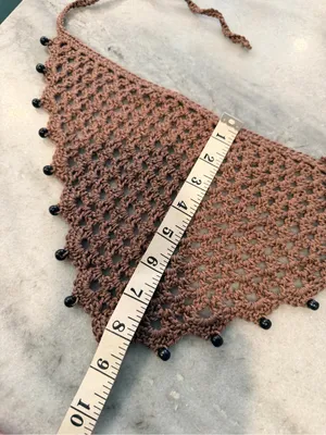 Handmade Crochet Wood Beaded Kerchief Head Scarf Cotton Boho Bandana Cottagecore thumbnail 6