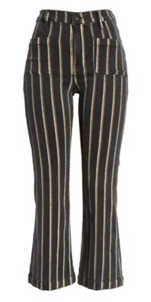 🌟 Frame 🌟 Striped Le Bardot Crop Flare Patch Pocket Denim Jeans Black Wash 27 thumbnail 1