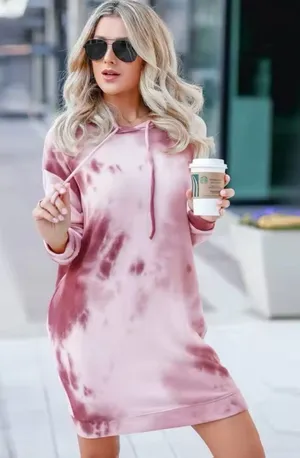 Long Sleeve Hooded Dress Tie Dye Printed Contrast Color thumbnail 1