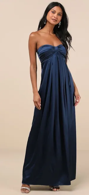 NWT Lulus Memorable Entrance Dark Blue Strapless Satin Maxi Dress Bridesmaid L thumbnail 1