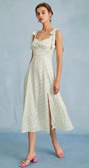 RIHOAS The Light Green Satin Floral Tie Strap Slit Midi Dress S 76 thumbnail 1