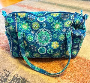 Quilted Fabric Overnight Weekend Duffle Bag Carry On Blue Yellow Floral Zip thumbnail 1