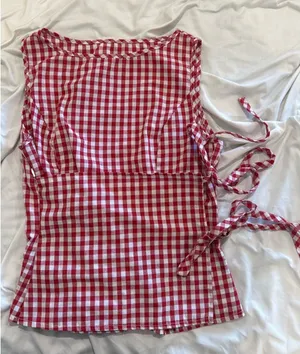 SheIn Red Gingham Wrap Tie Top thumbnail 1