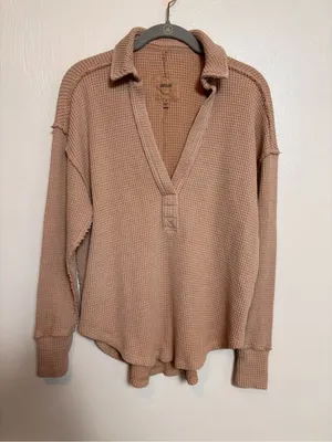 Aerie Women’s Shirt Top Waffle V Neck Oversized Tan Cotton Blend Size XXS thumbnail 2