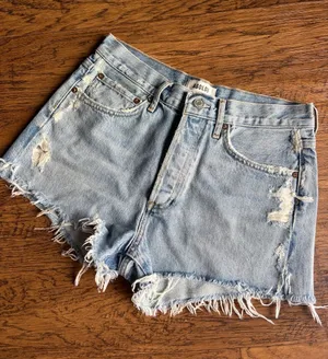 Agolde Faded Light Blue Distressed Denim Cutoff Shorts thumbnail 1