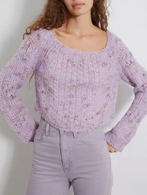 Free People Womens Sunset Cloud Pullover Sweater Purple Chunky Knit Crop Top thumbnail 2