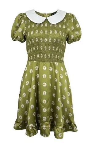 Smak Parlour Modcloth Retro Green Daisy Smocked Mini‎ Dress Peter Pan Collar NWT thumbnail 1