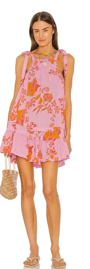 Free People Fleur Flowy Pink Orange Mini Dress Size Large thumbnail 1
