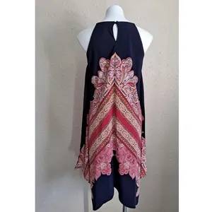 MAGGY LONDON Navy And Coral Floral Asymmetrical handkerchief Gypsy Dress Size 12 thumbnail 4