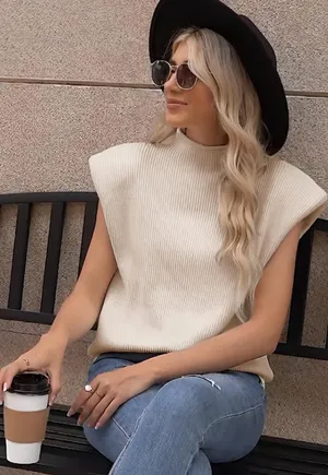 Supper Club Boutique Sleeveless Mock Neck Ribbed Sweater Vest thumbnail 3