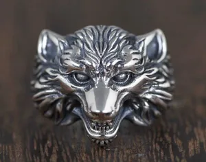 925 Silver Plated Adjustable Wolf Head Ring for Men Women,Punk Hip Hop Ring thumbnail 1