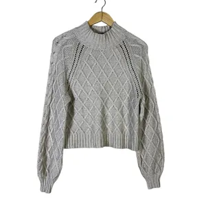 American Eagle Diamond Cable Pointelle Sweater Gray Mock Neck Balloon Size S thumbnail 2